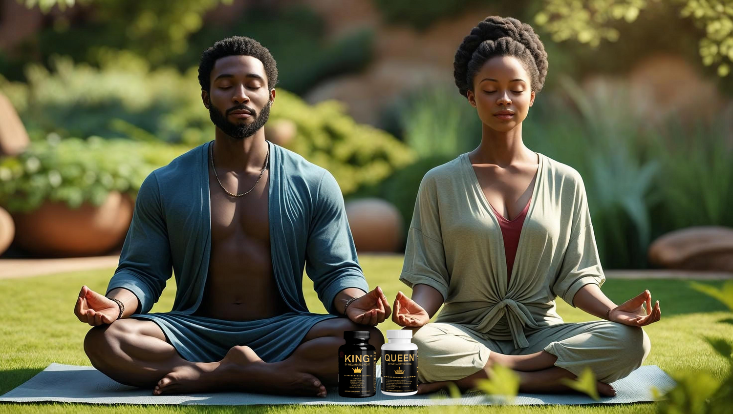 Two people meditating outdoors with a bottle of King and Queen product between them.